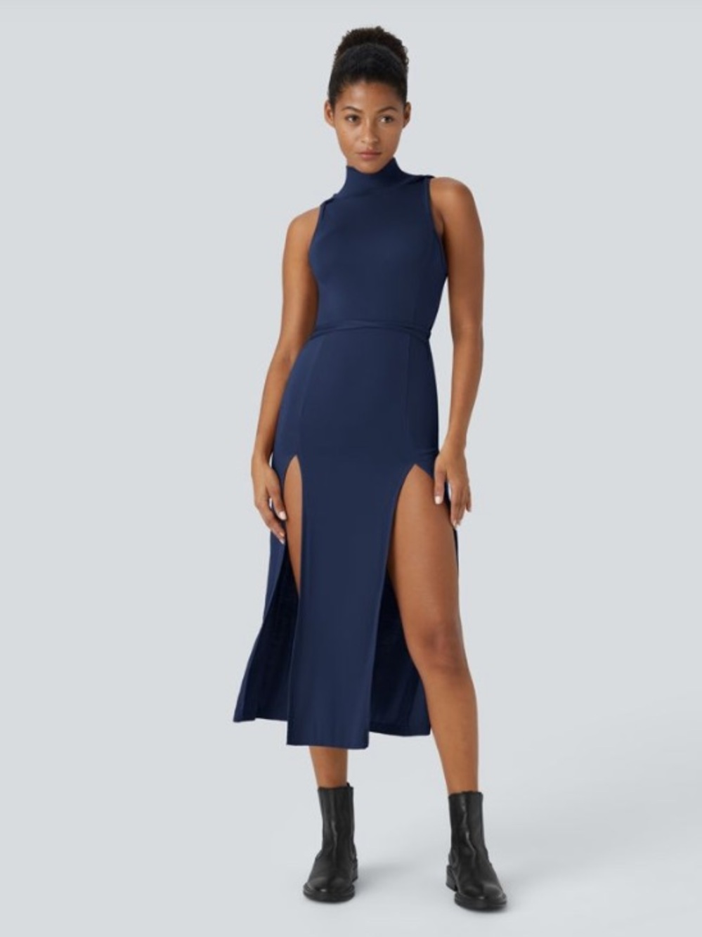 HALARA Navy Sleeveless Hooded Midi Dress with shorts